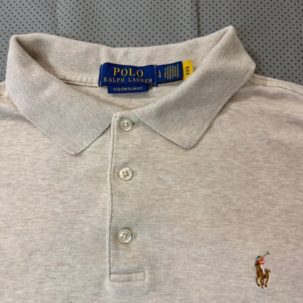 Polo Ralph Lauren Men L Oatmeal Heather Custom Slim Fit Polo Multicolor Pony